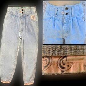 Vtg 80s True Blue acid wash pink fish cuffs pleated high waist denim mom jeans 6